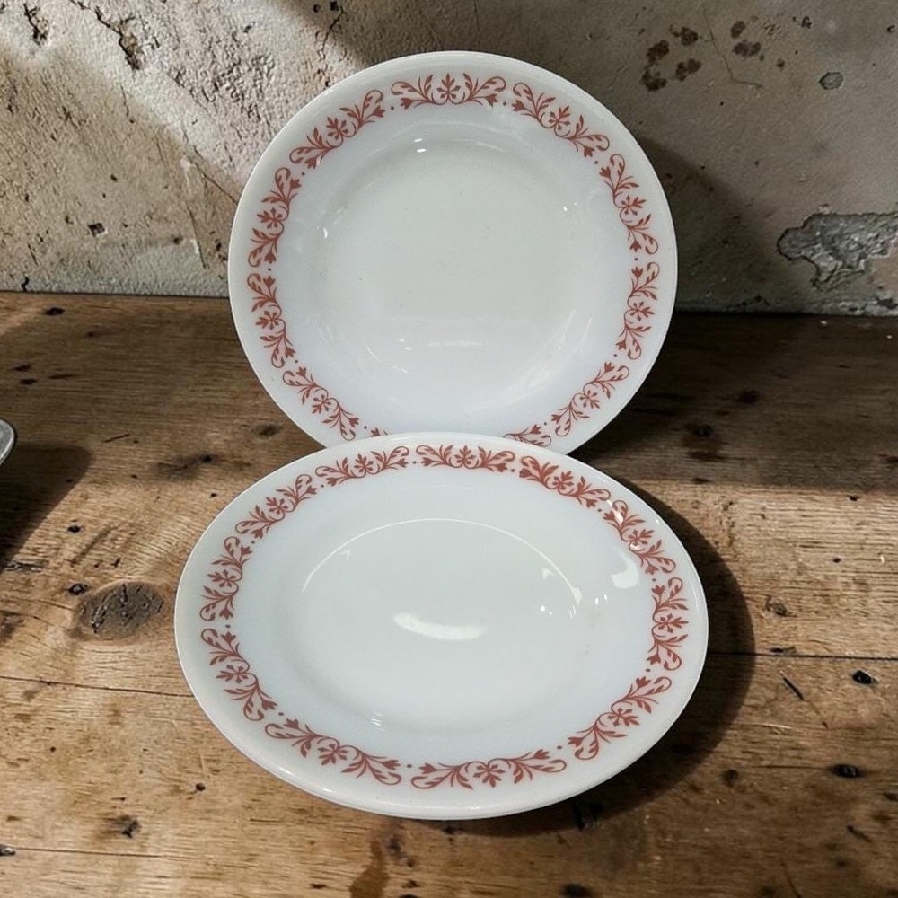 Anchor Hocking Milk Glass Salad Plates #947, Set of 2 Copper Filigree Dinnerware